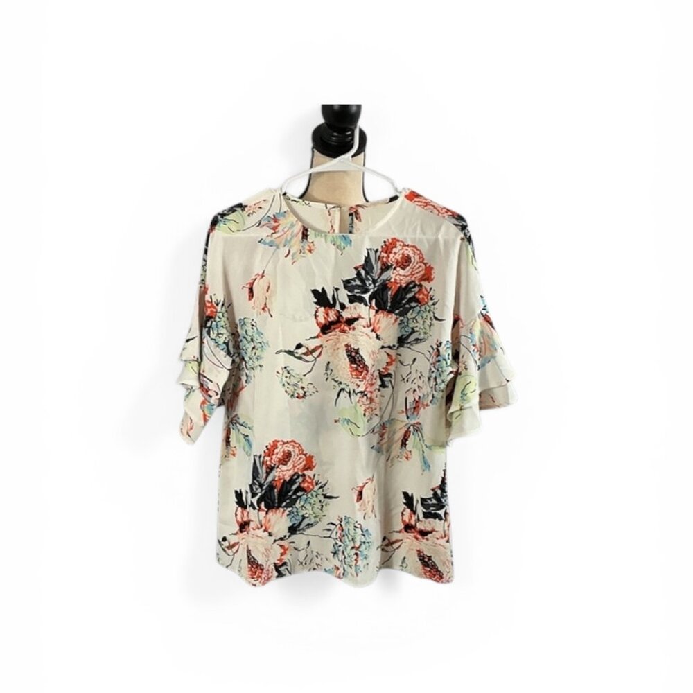 Floral Blouse w/ Flared Sleeves – Cream Multi Color Lightweight Top (M/L)